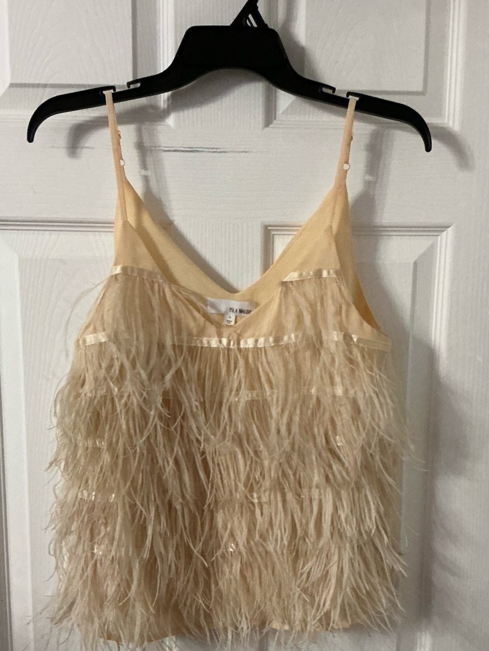 Isla Maude designer Feather Trim Beige Camisole Top